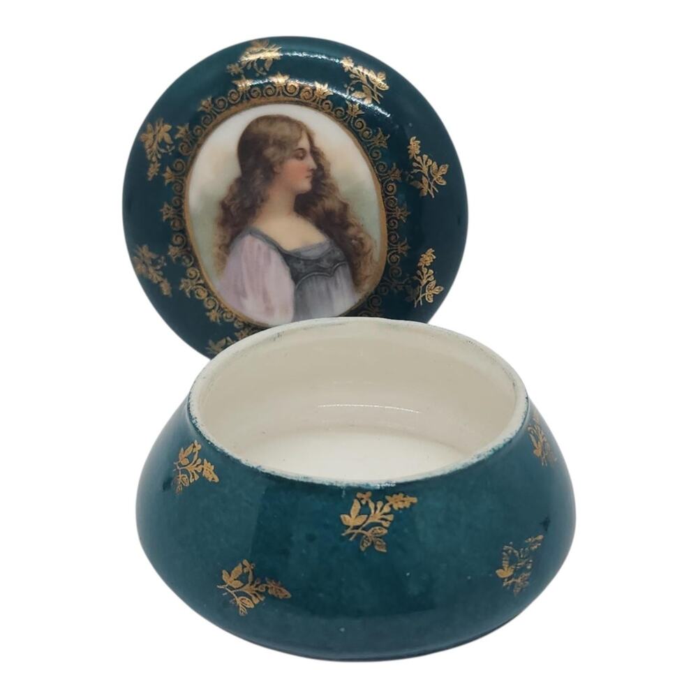 Vintage Portrait Lady Vanity Jar Blue Porcelain Trinket Dresser Box Gold Decor